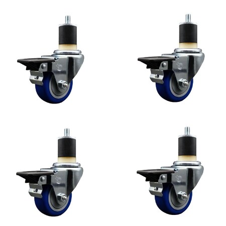 Service Caster 3'' Blue Poly Swivel 1-7/8'' Expanding Stem Caster Set with Brake, 4PK SCC-EX20S314-PPUB-BLUE-PLB-178-4